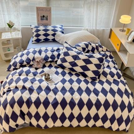 91家纺网 家纺一手货源 找家纺 昔可家纺 2022新款简约几何北欧风全棉四件套 蓝菱格