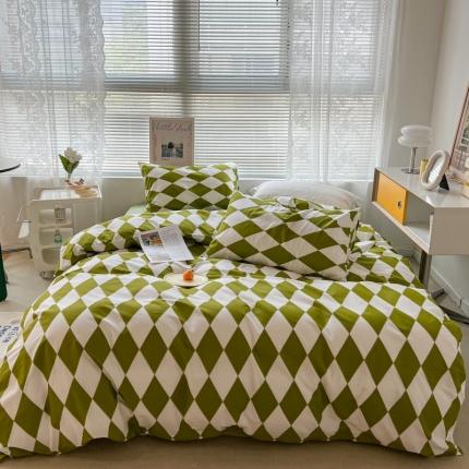 91家纺网 家纺一手货源 找家纺 昔可家纺 2022新款简约几何北欧风全棉四件套 绿菱格