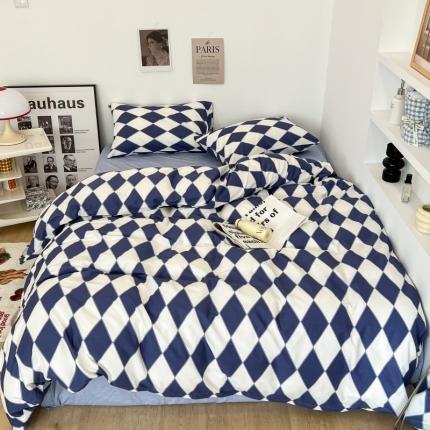 91家纺网 家纺一手货源 找家纺 昔可家纺 2022新款简约几何北欧风全棉四件套 蓝菱格1