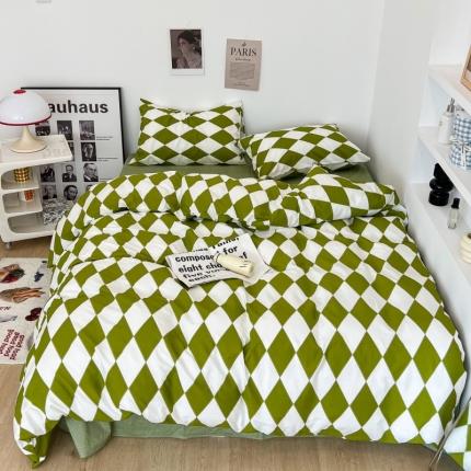 91家纺网 家纺一手货源 找家纺 昔可家纺 2022新款简约几何北欧风全棉四件套 绿菱格1