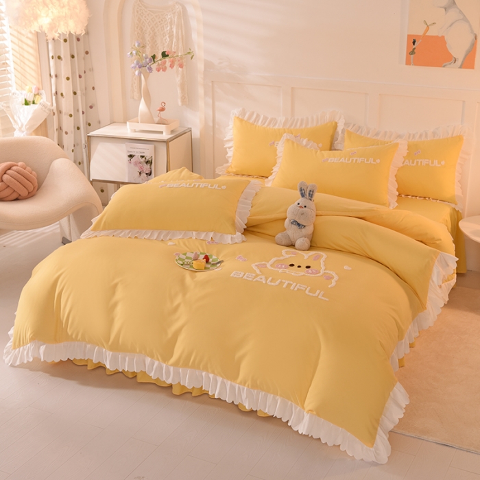 91家纺网 家纺一手货源 找家纺 梦之岛2022韩版宝贝兔系列毛巾绣四件套 宝贝兔-浅黄