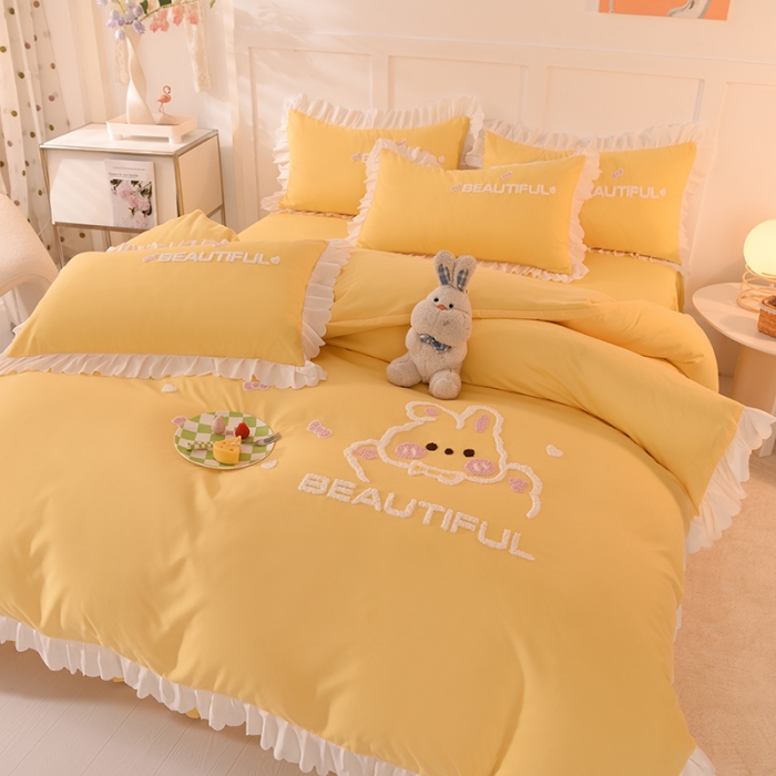 91家纺网 家纺一手货源 找家纺 梦之岛2022韩版宝贝兔系列毛巾绣四件套 宝贝兔-浅黄