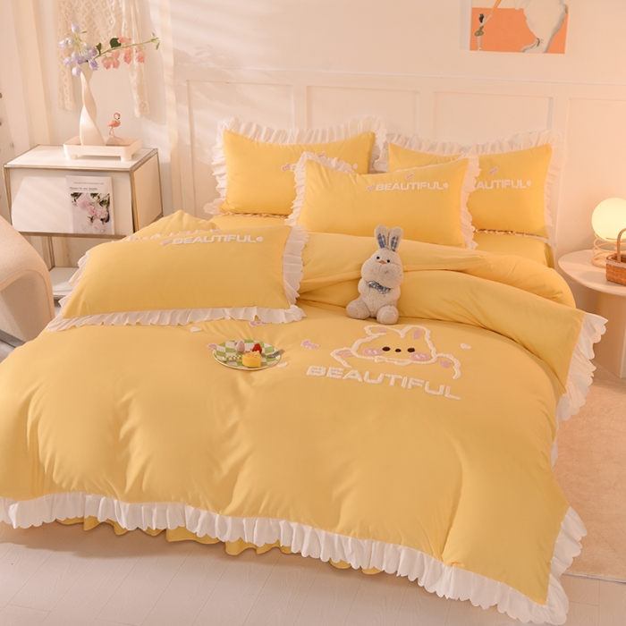 91家纺网 家纺一手货源 找家纺 梦之岛2022韩版宝贝兔系列毛巾绣四件套 宝贝兔-浅黄