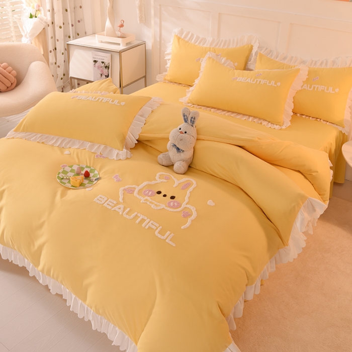 91家纺网 家纺一手货源 找家纺 梦之岛2022韩版宝贝兔系列毛巾绣四件套 宝贝兔-浅黄