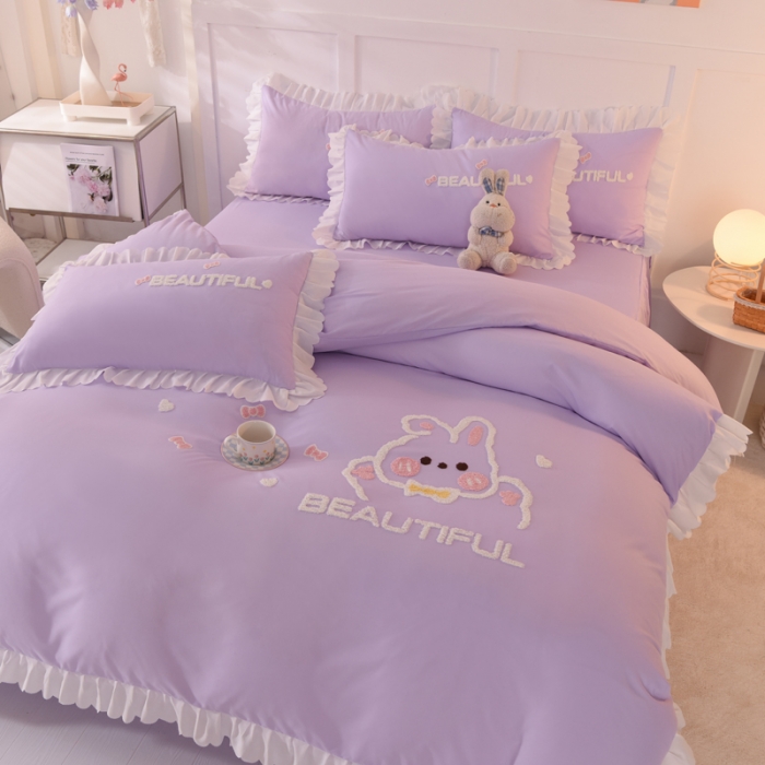 91家纺网 家纺一手货源 找家纺 梦之岛2022韩版宝贝兔系列毛巾绣四件套 宝贝兔-紫