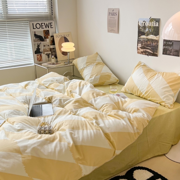 91家纺网 家纺一手货源 找家纺 昔可家纺 2022新款简约几何北欧风全棉四件套 布鲁罗曼 黄