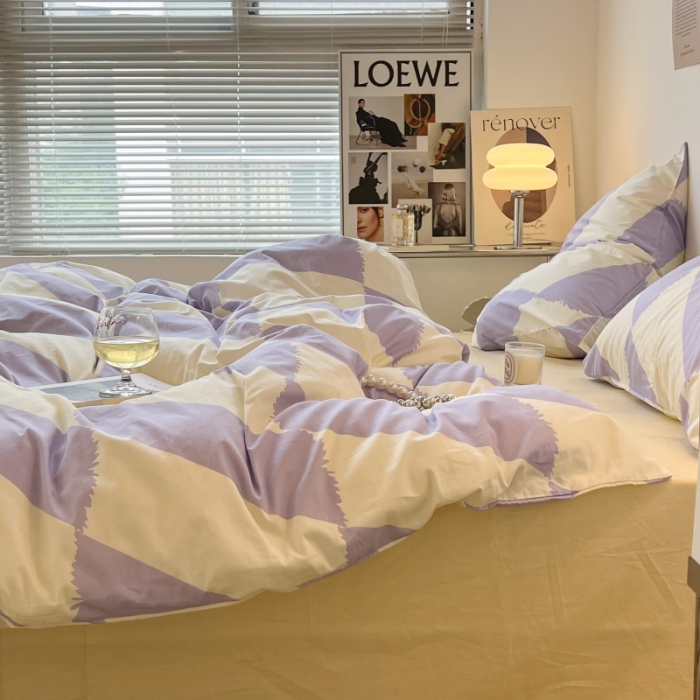 91家纺网 家纺一手货源 找家纺 昔可家纺 2022新款简约几何北欧风全棉四件套 布鲁罗曼 紫