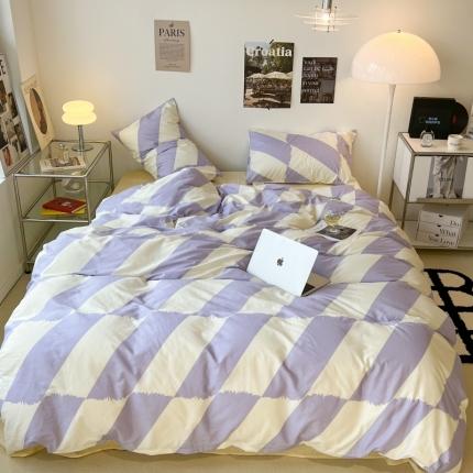 昔可家纺 2022新款简约几何北欧风全棉四件套 布鲁罗曼 紫
