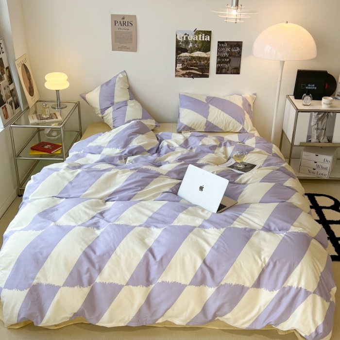 91家纺网 家纺一手货源 找家纺 昔可家纺 2022新款简约几何北欧风全棉四件套 布鲁罗曼 紫