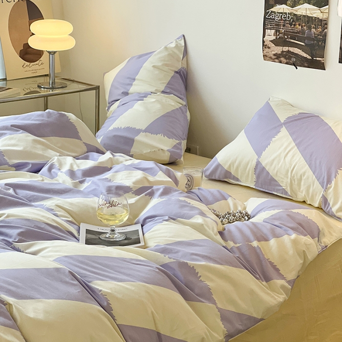 91家纺网 家纺一手货源 找家纺 昔可家纺 2022新款简约几何北欧风全棉四件套 布鲁罗曼 紫