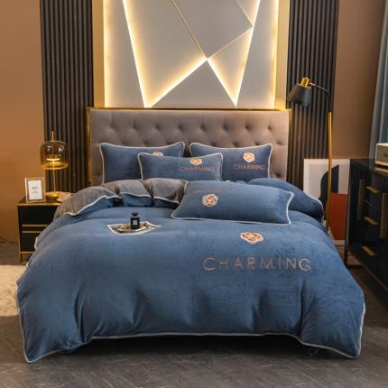 91家纺网 家纺一手货源 找家纺 许林 2025新款牛奶绒法莱绒刺绣四件套 山茶花-淡蓝