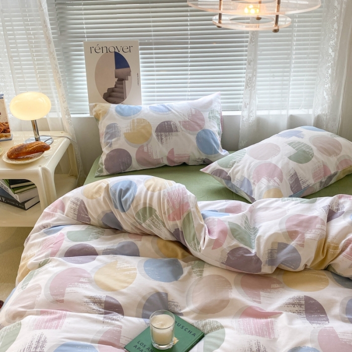 91家纺网 家纺一手货源 找家纺 昔可家纺 2022新款简约几何北欧风全棉四件套 彩色晕圈