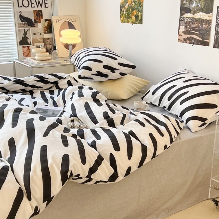 91家纺网 家纺一手货源 找家纺 昔可家纺 2022新款简约几何北欧风全棉四件套 黑白斑马条