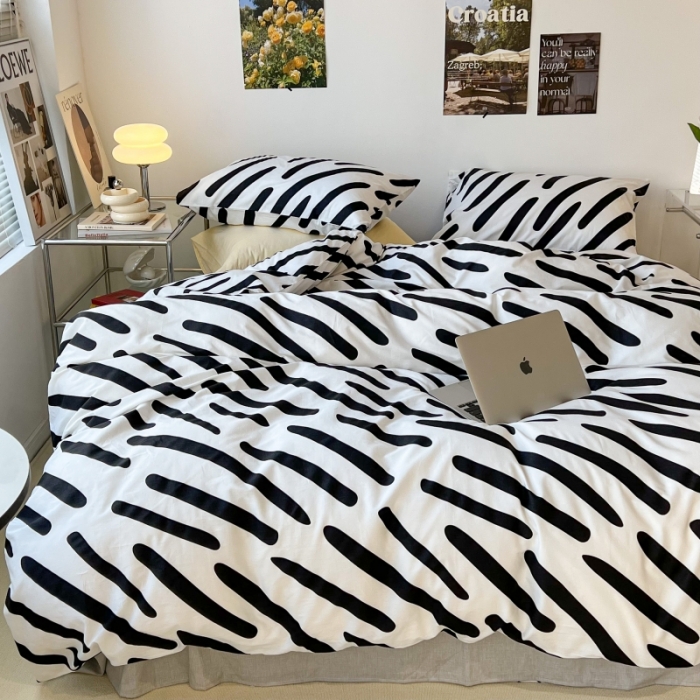 91家纺网 家纺一手货源 找家纺 昔可家纺 2022新款简约几何北欧风全棉四件套 黑白斑马条