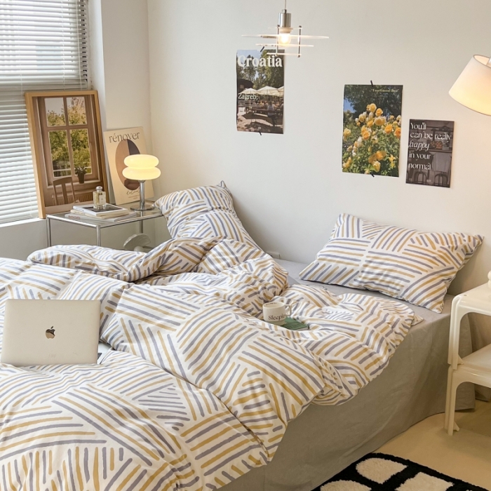 91家纺网 家纺一手货源 找家纺 昔可家纺 2022新款简约几何北欧风全棉四件套 几何线条