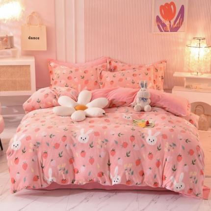 梦之岛2022新款印花牛奶绒四件套 草莓兔