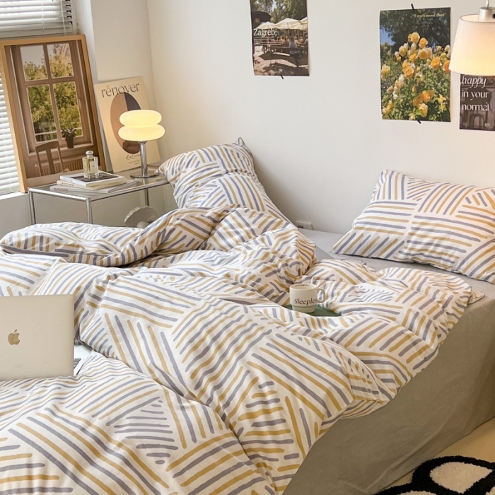 91家纺网 家纺一手货源 找家纺 昔可家纺 2022新款简约几何北欧风全棉四件套 几何线条