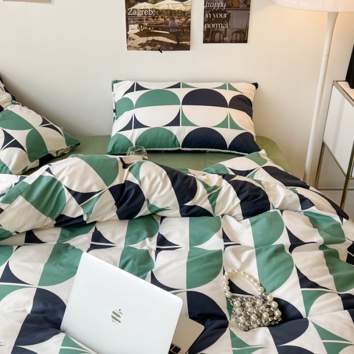 91家纺网 家纺一手货源 找家纺 昔可家纺 2022新款简约几何北欧风全棉四件套 绿色拼接圈