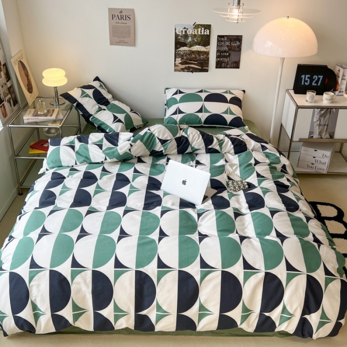 91家纺网 家纺一手货源 找家纺 昔可家纺 2022新款简约几何北欧风全棉四件套 绿色拼接圈