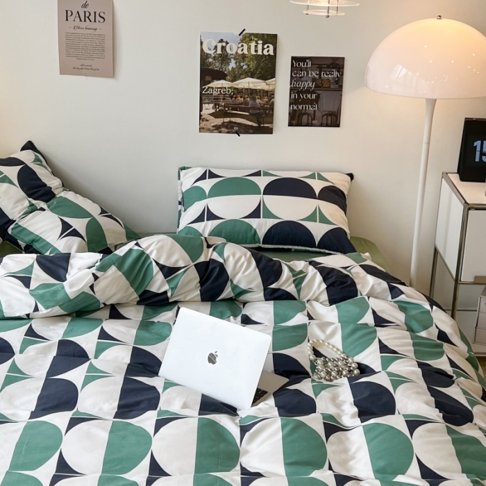 91家纺网 家纺一手货源 找家纺 昔可家纺 2022新款简约几何北欧风全棉四件套 绿色拼接圈