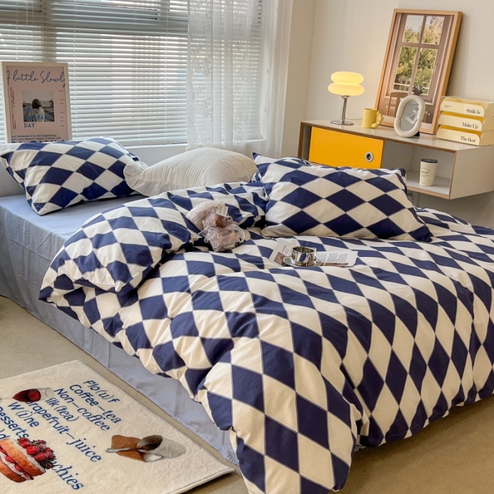 91家纺网 家纺一手货源 找家纺 昔可家纺 2022新款简约几何北欧风全棉四件套 蓝菱格