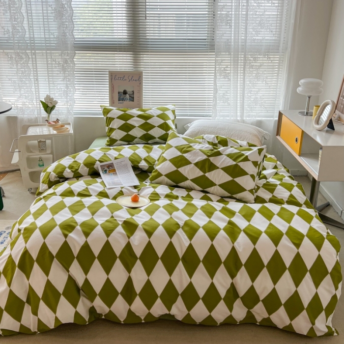91家纺网 家纺一手货源 找家纺 昔可家纺 2022新款简约几何北欧风全棉四件套 绿菱格