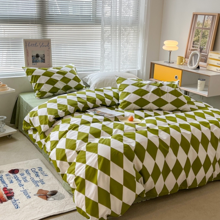 91家纺网 家纺一手货源 找家纺 昔可家纺 2022新款简约几何北欧风全棉四件套 绿菱格