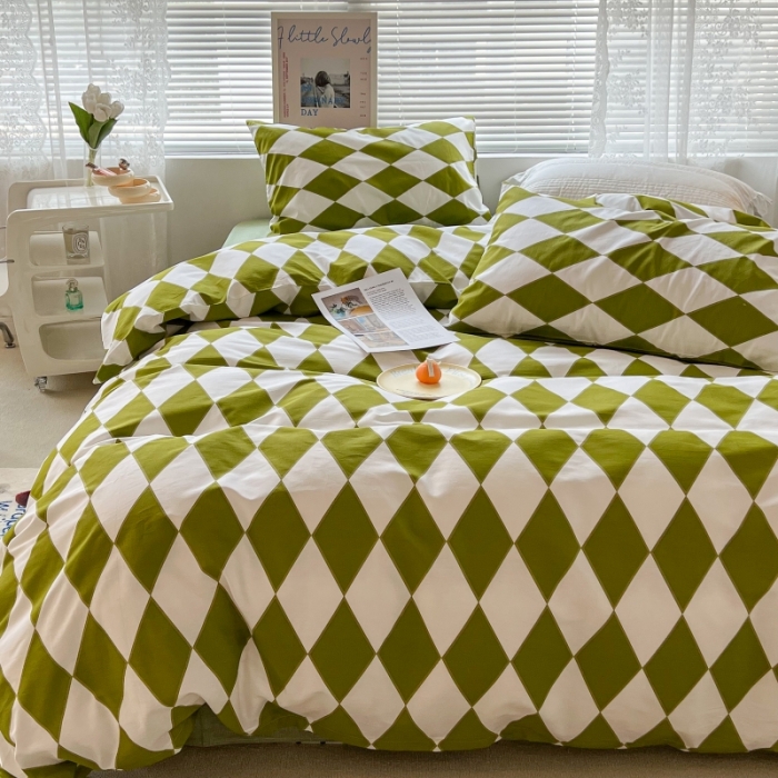 91家纺网 家纺一手货源 找家纺 昔可家纺 2022新款简约几何北欧风全棉四件套 绿菱格