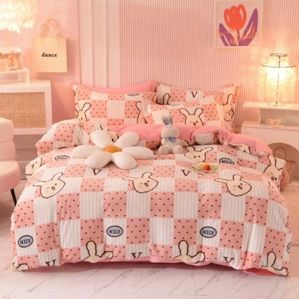 梦之岛2022新款印花牛奶绒四件套 田园小兔-粉