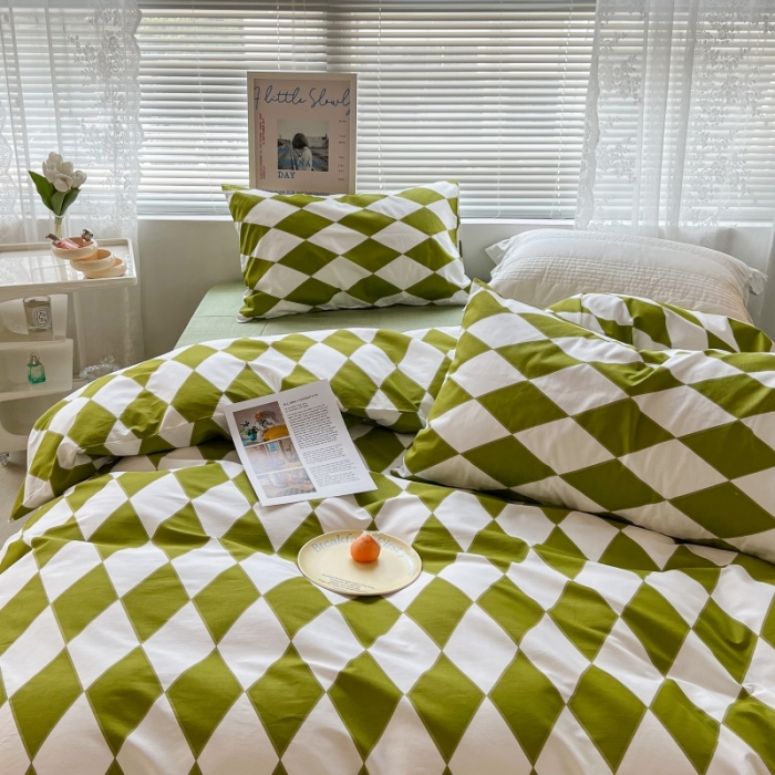 91家纺网 家纺一手货源 找家纺 昔可家纺 2022新款简约几何北欧风全棉四件套 绿菱格
