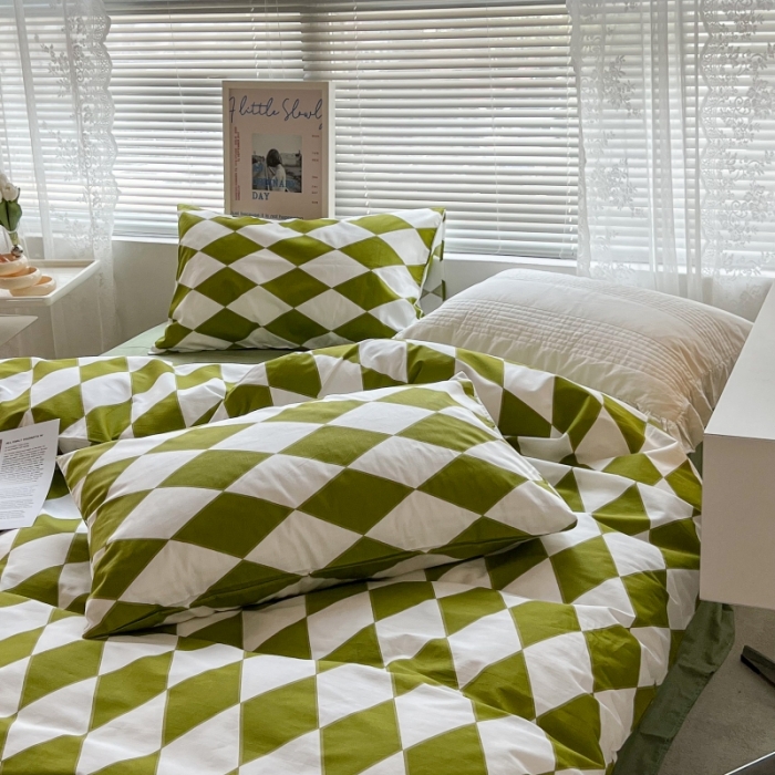 91家纺网 家纺一手货源 找家纺 昔可家纺 2022新款简约几何北欧风全棉四件套 绿菱格
