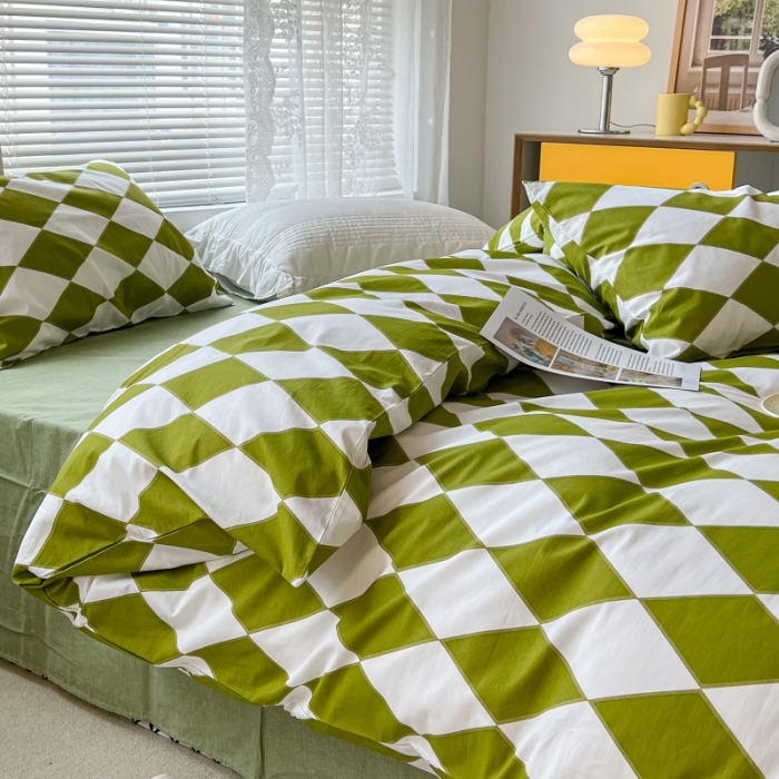 91家纺网 家纺一手货源 找家纺 昔可家纺 2022新款简约几何北欧风全棉四件套 绿菱格