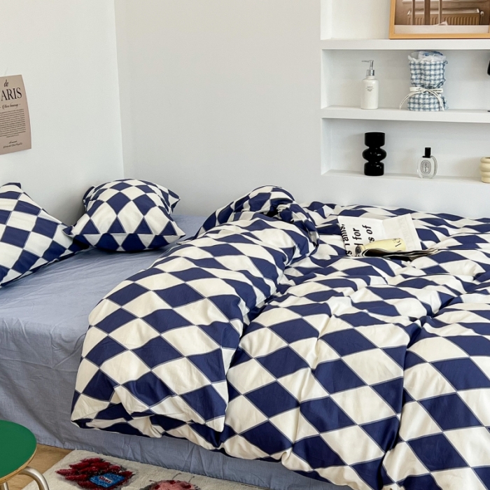 91家纺网 家纺一手货源 找家纺 昔可家纺 2022新款简约几何北欧风全棉四件套 蓝菱格1