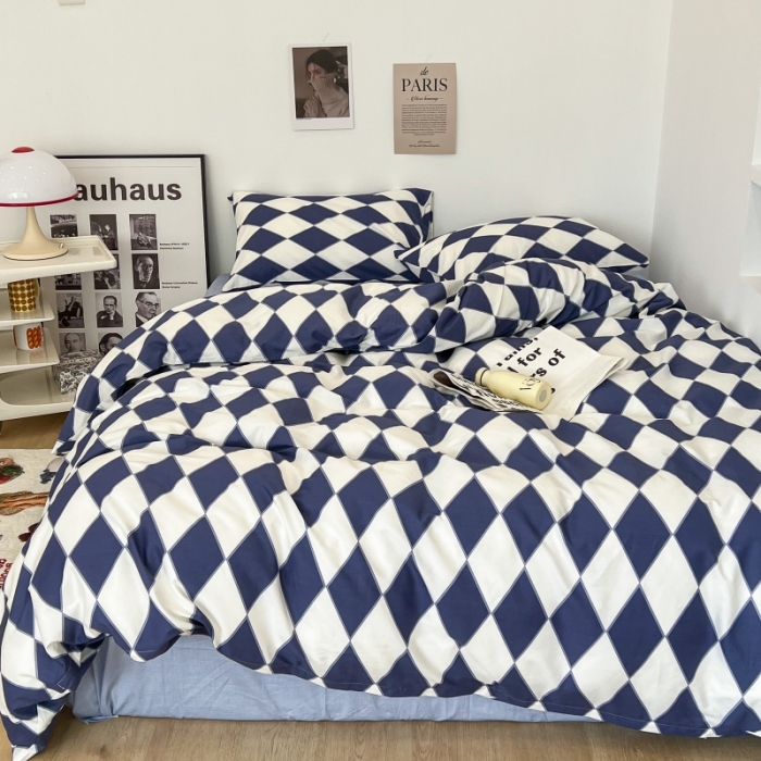 91家纺网 家纺一手货源 找家纺 昔可家纺 2022新款简约几何北欧风全棉四件套 蓝菱格1