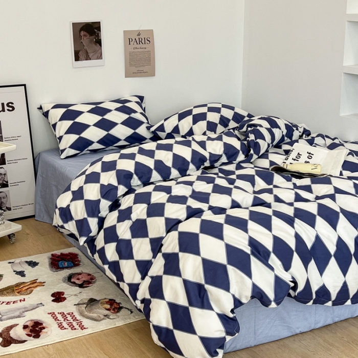 91家纺网 家纺一手货源 找家纺 昔可家纺 2022新款简约几何北欧风全棉四件套 蓝菱格1