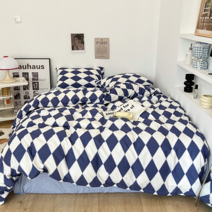 91家纺网 家纺一手货源 找家纺 昔可家纺 2022新款简约几何北欧风全棉四件套 蓝菱格1