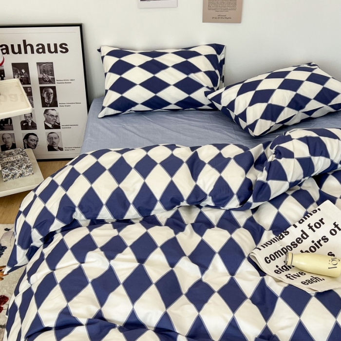 91家纺网 家纺一手货源 找家纺 昔可家纺 2022新款简约几何北欧风全棉四件套 蓝菱格1
