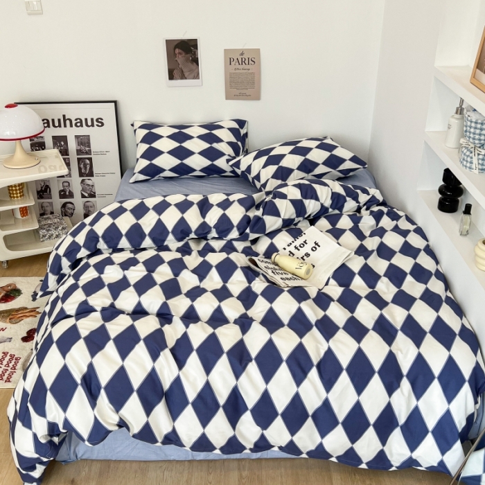 91家纺网 家纺一手货源 找家纺 昔可家纺 2022新款简约几何北欧风全棉四件套 蓝菱格1