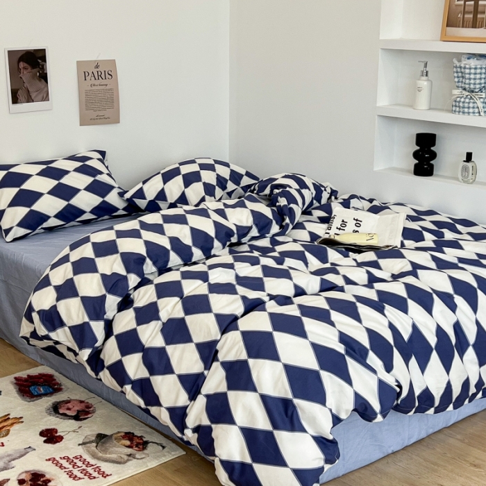 91家纺网 家纺一手货源 找家纺 昔可家纺 2022新款简约几何北欧风全棉四件套 蓝菱格1