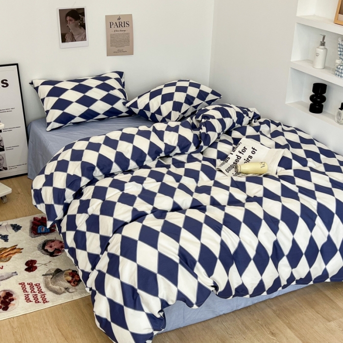 91家纺网 家纺一手货源 找家纺 昔可家纺 2022新款简约几何北欧风全棉四件套 蓝菱格1