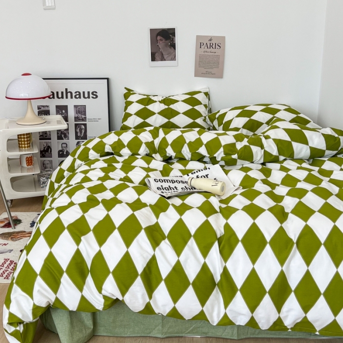 91家纺网 家纺一手货源 找家纺 昔可家纺 2022新款简约几何北欧风全棉四件套 绿菱格1