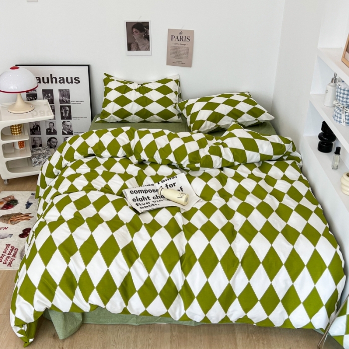 91家纺网 家纺一手货源 找家纺 昔可家纺 2022新款简约几何北欧风全棉四件套 绿菱格1
