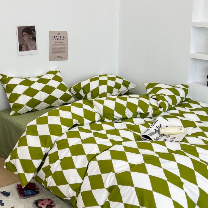 91家纺网 家纺一手货源 找家纺 昔可家纺 2022新款简约几何北欧风全棉四件套 绿菱格1