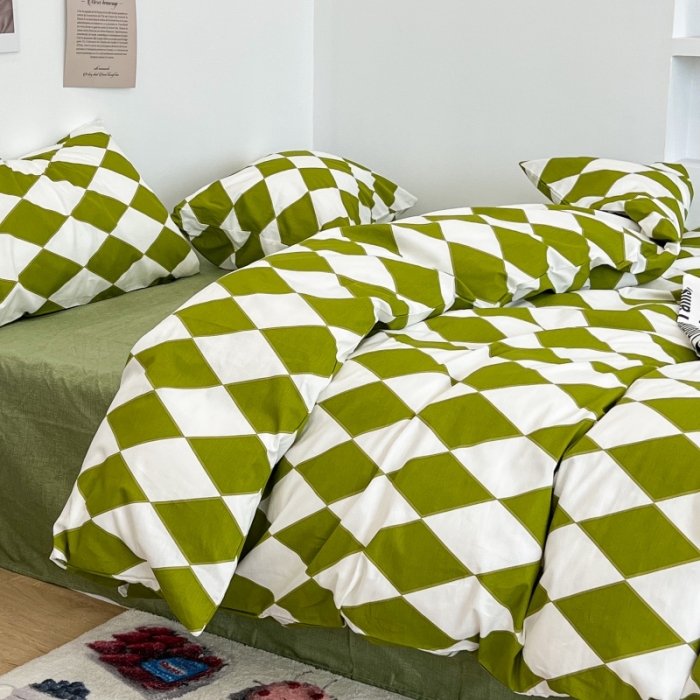 91家纺网 家纺一手货源 找家纺 昔可家纺 2022新款简约几何北欧风全棉四件套 绿菱格1