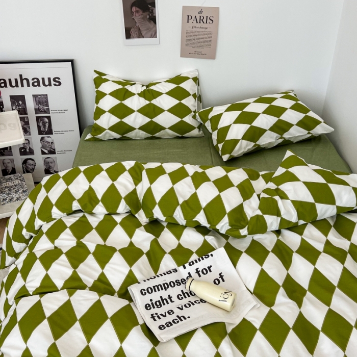 91家纺网 家纺一手货源 找家纺 昔可家纺 2022新款简约几何北欧风全棉四件套 绿菱格1