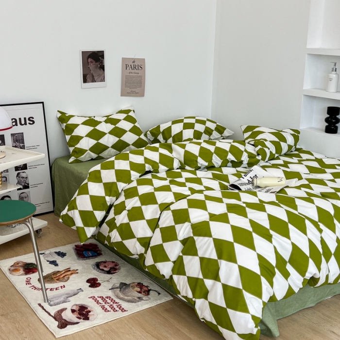 91家纺网 家纺一手货源 找家纺 昔可家纺 2022新款简约几何北欧风全棉四件套 绿菱格1