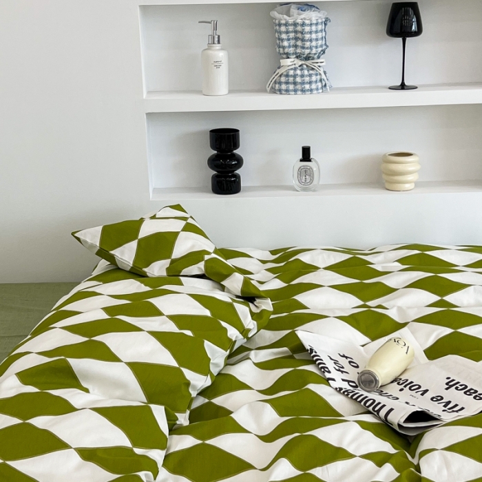 91家纺网 家纺一手货源 找家纺 昔可家纺 2022新款简约几何北欧风全棉四件套 绿菱格1