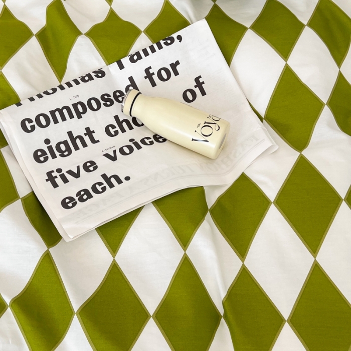 91家纺网 家纺一手货源 找家纺 昔可家纺 2022新款简约几何北欧风全棉四件套 绿菱格1