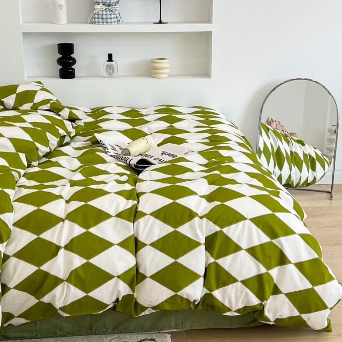 91家纺网 家纺一手货源 找家纺 昔可家纺 2022新款简约几何北欧风全棉四件套 绿菱格1