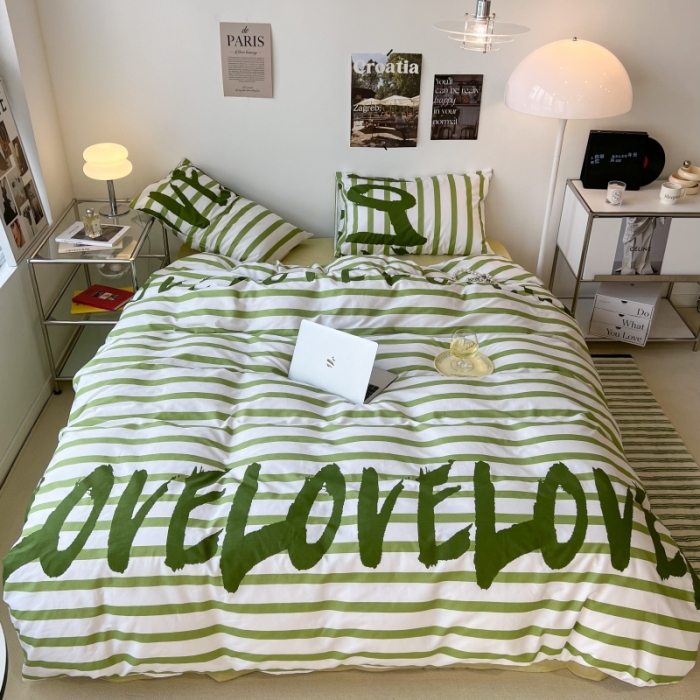 91家纺网 家纺一手货源 找家纺 昔可家纺 2022新款简约几何北欧风全棉四件套 字母条纹